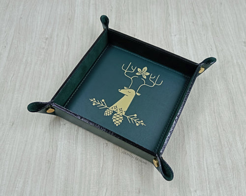 Square Green Handcrafted Genuine Leather Valet Tray with Christmas and Winter Charm by Giovelli Design