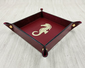 Square Bordeaux Handmade Tuscany Leather Catchall Tray with Gold Foil Seahorse