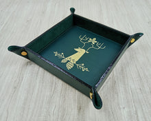 Carica l'immagine nel visualizzatore di Gallery, green leather pocket emptier with a graceful deer profile amidst delicate florals and majestic pines by Giovelli Design