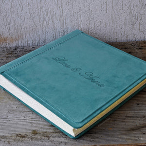 personalized turquoise italian suede leather wedding album by Giovelli Design