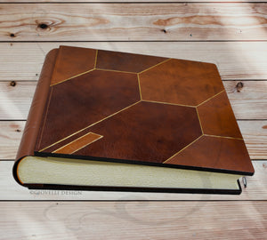 Elegant Brown Tuscan Leather Photo Album Square Family Book with Mosaic Bee Hive Cover by Giovelli Design