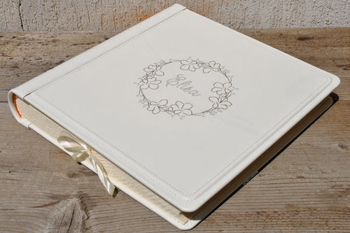 Enchanting Personalizable Genuine Leather Scrapbook Square White Wedding Album with a Beautiful Wreath by Giovelli Design