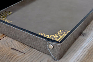 gray leather large catchall with antique gold foil decorations