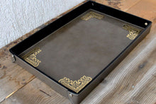 Load image into Gallery viewer, gray leather large catchall with antique gold foil decorations
