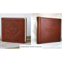 Load image into Gallery viewer, examples of embossed personalization on leather albums 

