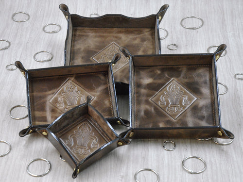 Luxury Brown Leather Valet Tray Set Collection of 4 Pocket Emptiers in Different Sizes and Shapes by Giovelli Design