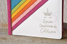 Carica l'immagine nel visualizzatore di Gallery, personalized unicorn scrapbook album with a rainbow first birthday keepsake by Giovelli Design