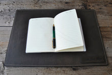 Load image into Gallery viewer, picture from above of a classy grey leather desk pad handmade in italy by Giovelli Design
