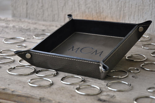Stunning Monogrammed Leather Catchall Square Grey Valet Tray by Giovelli Design
