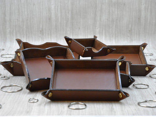 Stylish Brown Leather Pocket Emptier Collection Set of 6 Catchalls in Various Sizes and Shapes by Giovelli Design
