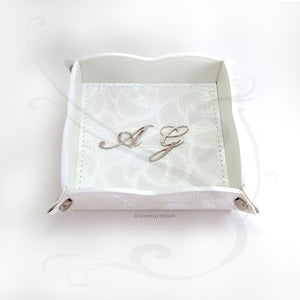 white valet tray with metal initials by Giovelli Design
