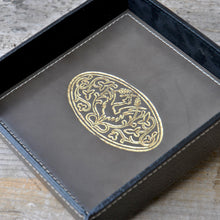 Load image into Gallery viewer, picture from above of a grey leather catchall with an enchanting gold foil embossing by Giovelli Design
