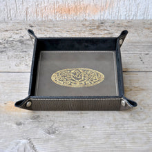 Carica l'immagine nel visualizzatore di Gallery, classy grey leather valet tray with an enchanting gold foil embossing handmade in italy by Giovelli Design