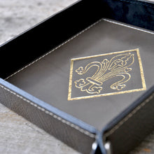 Carica l'immagine nel visualizzatore di Gallery, grey leather entryway valet tray with a fancy antique gold foil embossing