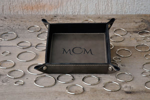elegant grey leather valet tray with monogram by Giovelli Design