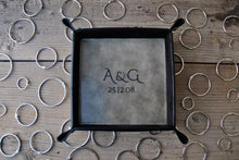 Load image into Gallery viewer, picture from above of a fancy leather valet tray with monogram and date by Giovelli Design