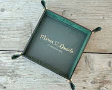 Load image into Gallery viewer, Green leather catchall tray from above by Giovelli Design
