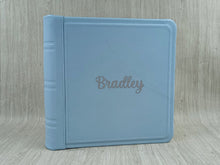 Load image into Gallery viewer, Personalized Light Blue Leather Photo Album - Square Classic Baby Boy Scrapbook
