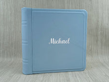 Load image into Gallery viewer, Personalized Light Blue Leather Photo Album - Square Classic Baby Boy Scrapbook
