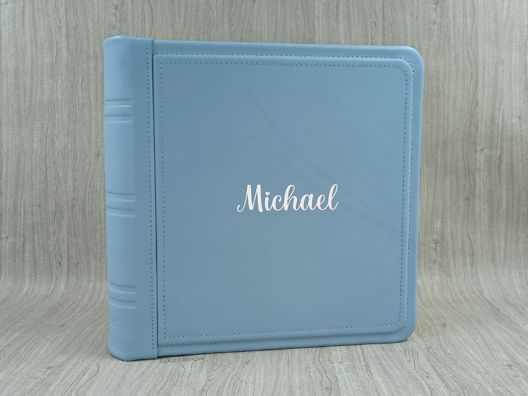 Personalized Light Blue Leather Photo Album - Square Classic Baby Boy Scrapbook