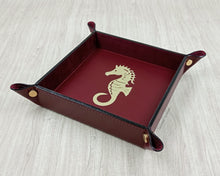 Carica l&#39;immagine nel visualizzatore di Gallery, Square Bordeaux Handmade Tuscany Leather Catchall Tray with Gold Foil Seahorse by Giovelli Design
