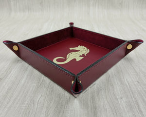 Square Bordeaux Handmade Tuscany Leather Catchall Tray with Gold Foil Seahorse