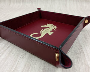 Square Bordeaux Handmade Tuscany Leather Catchall Tray with Gold Foil Seahorse