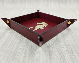 Square Bordeaux Handmade Tuscany Leather Catchall Tray with Gold Foil Seahorse