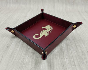 Square Bordeaux Handmade Tuscany Leather Catchall Tray with Gold Foil Seahorse