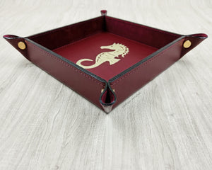 Square Bordeaux Handmade Tuscany Leather Catchall Tray with Gold Foil Seahorse