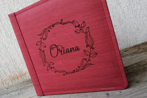 wonderful red faux leather album with a unique wood pattern by Giovelli Design