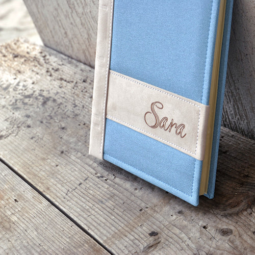 Bespoke Leatherette Baby Photo Album Light Blue and Beige Baptism Scrapbook by Giovelli Design