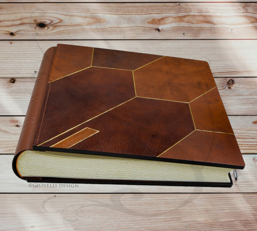 Elegant Brown Tuscan Leather Photo Album Square Family Book with Mosaic Bee Hive Cover by Giovelli Design