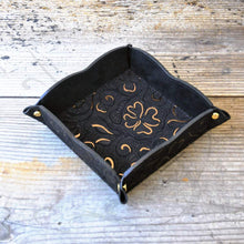 Load image into Gallery viewer, Elegant Suede Leather Catchall Curvy Gray Black and Gold Valet Tray by Giovelli Design
