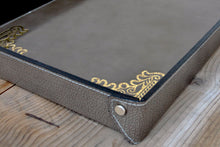 Load image into Gallery viewer, gray leather large catchall with antique gold foil decorations
