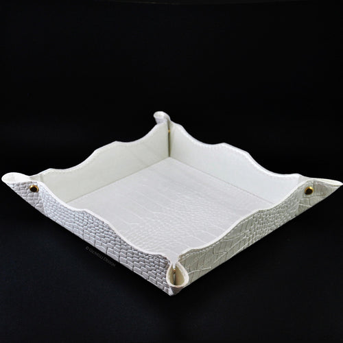 Large Valet Tray with Croc Pattern Pearl White Faux Leather Pocket Emptier by Giovelli Design