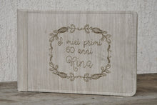 Load image into Gallery viewer, personalization on a beige faux leather album with a wood pattern by Giovelli Design
