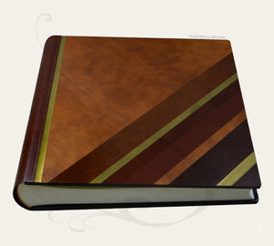 Ritzy Leather Photo Book with Diagonal Stripes - Square Brown and Gold Family Album 35x35 cm