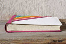 Load image into Gallery viewer, white wedding photo album with a colorful handcrafted rainbow by Giovelli Design
