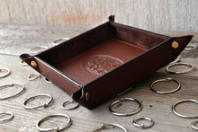 Load image into Gallery viewer, fancy brown leather entryway valet tray with gold metal studs by Giovelli Design
