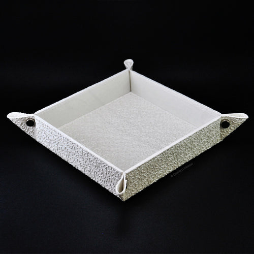 White Valet Tray with Flowers Debossed Pattern Square Faux Leather Pocket Emptier by Giovelli Design